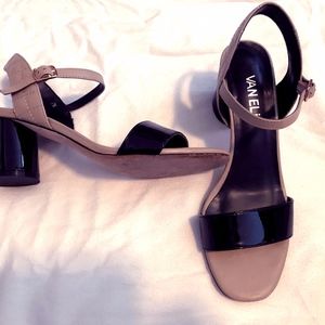 Trending black patent/taupe heeled sandal